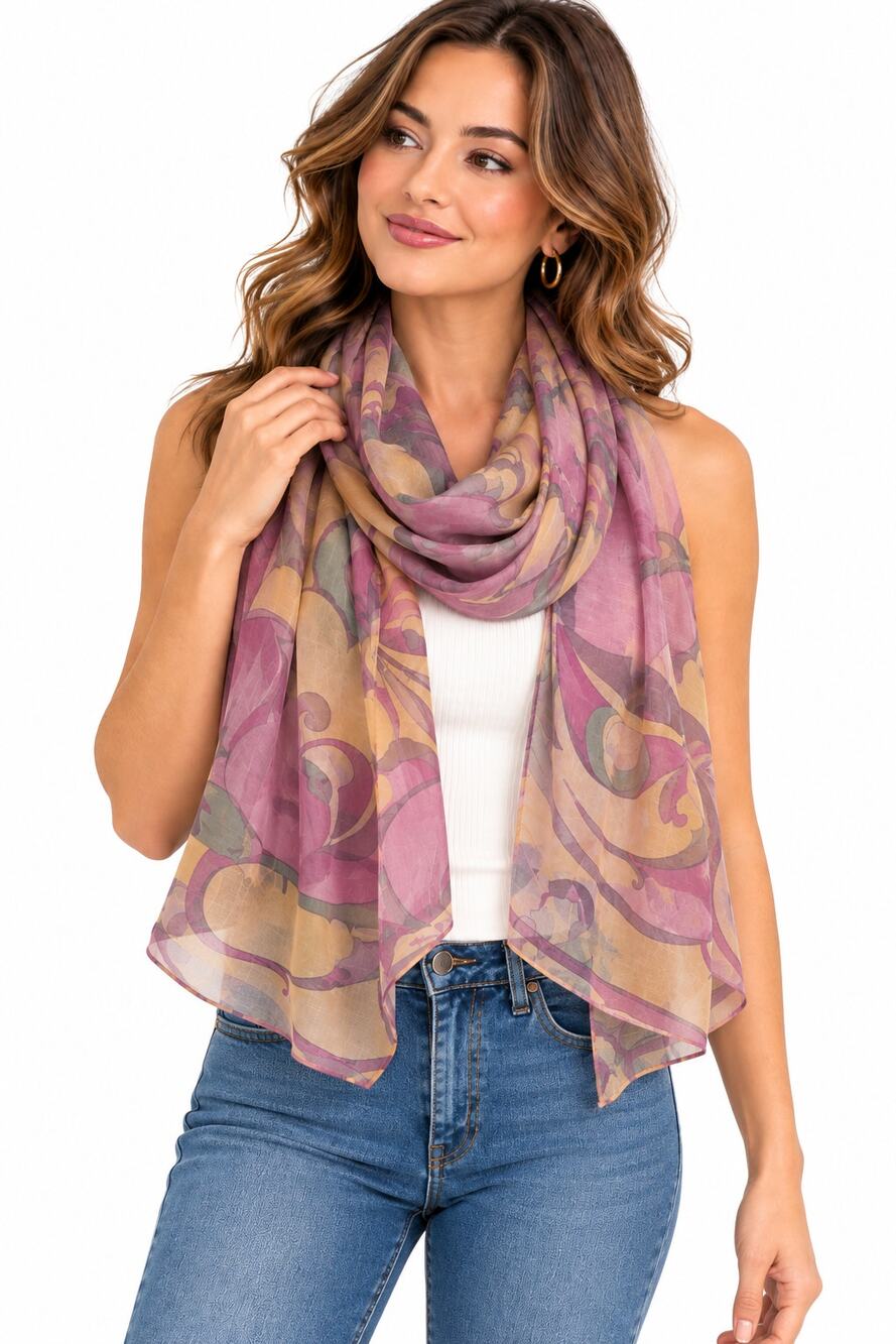 Oversized Art Nouveau Floral Scarf Wrap Mauve Gold Boho Sheer Lightweight 30"